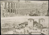 The Aqueduct at Segovia and The Castle of Madrid, Jan Cornelisz Vermeyen (Netherlandish, Beverwijk ca. 1504–1559 Brussels), Etching; two plates printed on one sheet
