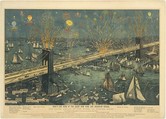 Bird's-Eye View of the Great New York and Brooklyn Bridge, and Grand Display of Fireworks on Opening Night...May 24, 1883, A. Major American, Color lithograph