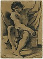 Seated Nude Young Man in Nearly Frontal View, Guercino (Giovanni Francesco Barbieri) (Italian, Cento 1591–1666 Bologna), Modified black chalk (dipped in a gum solution), traces of white gouache highlights, on light brown paper