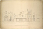 Belmead, Plantation Mansion for Philip St. George Cocke, Powhatan Co., Virginia (partial elevations of entrance facade, greenhouse facade and James River facade, shown as continuous), Alexander Jackson Davis  American, Watercolor and ink on paper