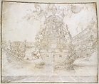 Design for the decoration of a Warship, Pierre Puget (French, Château Follet 1620–1694 Fougette), Pen and brown ink, brush and brown wash, over traces of gray chalk on parchment