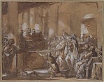 Phryne Before the Areopagus, Jean-Baptiste Deshays (French, Colleville 1729–1765 Paris), Pen and brown ink, brown wash, heightened with white, over black chalk