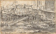 Dredging a Canal, Jacob van Ruisdael (Dutch, Haarlem 1628/29–1682 Amsterdam), Pen and black ink over black chalk, brush and gray wash; framing lines in pen and brown ink