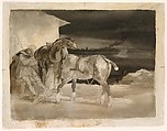 Two Draft Horses with a Sleeping Driver, Théodore Gericault (French, Rouen 1791–1824 Paris), Brush and brown and gray wash, over graphite