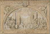 The Annunciation, Martin Fréminet (French, Paris 1567–1619 Paris), Black chalk, pen and brown ink, brush and gray wash, heightened with white.  The architectural elements along the upper margin, including the cornice and the coat of arms, were drawn on a separate sheet, silhouetted and laid down.
