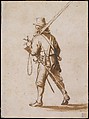 A Walking Musketeer, seen from behind, Anthonie Palamedesz. (Dutch, Delft 1601–1673 Amsterdam), Black chalk, brush and brown ink, brown wash, some spots of blue watercolor along the edges; framing lines in pen and brown ink