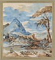 Landscape with Fishermen, Théodore Gericault (French, Rouen 1791–1824 Paris), Graphite, pen and brown ink, brown and blue wash