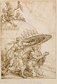 Man Protected by the Shield of Faith, Maarten van Heemskerck (Netherlandish, Heemskerck 1498–1574 Haarlem), Pen and brown ink, over traces of black chalk; indented for transfer; framing lines in pen and brown ink