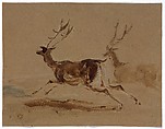 Two stags running, Sir Edwin Henry Landseer (British, London 1802–1873 London), Brush and brown wash over graphite