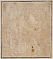 Design for a Wall Decoration with a River God and Putti carrying the Symbols of King François I, Anonymous, French, School of Fontainebleau, 16th century, Pen and brown ink, brush and brown wash, over red chalk
