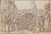 A Poultry Market in a Dutch Town, Willem Pietersz Buytewech (Dutch, Rotterdam 1591/92–1624), Pencil, pen and brown ink, brush and gray wash; framing lines in pen and brown ink