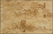 Landscape with a Goat, Titian (Tiziano Vecellio) (Italian, Pieve di Cadore ca. 1485/90?–1576 Venice), Pen and brown ink; framing lines in pen and brown ink