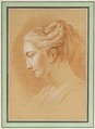 Head of a Young Woman in Profile to Left, Jacques Philippe Joseph de Saint Quentin (French, born Paris, 1738), Red chalk, stumped, heightened with white, on beige paper; framing lines in pen and brown ink