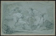 Semiramus Inspecting a Plan of Babylon, Jean Simon Berthélemy (French, Laon 1742–1811 Paris), Black and white chalk on blue-gray paper