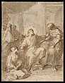 Christ in the House of Martha and Mary, Ferdinand Pierre Joseph Ignace Delamonce (French, Munich 1678–1753 Lyon), Pen and brown ink, brown and gray wash, over traces of graphite; squared in red chalk and graphite