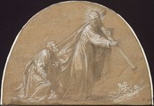 Domine, Quo Vadis, Jacopo Vignali (Italian, Pratovecchio 1592–1664 Florence), Black chalk, highlighted with white, on brown paper; cropped to the shape of a lunette