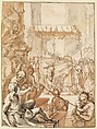 The Body of Saint Catherine of Siena carried in Procession, after Francesco Vanni, Anonymous, French, 18th century, Pen and brown ink, brush and red-brown and gray wash, over black chalk; framing lines in pen and brown ink