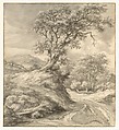 Dune Landscape with Oak Tree, Jacob van Ruisdael (Dutch, Haarlem 1628/29–1682 Amsterdam), Black chalk, brush and gray wash, and gouache; framing lines in pen and brown ink