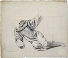 Falling Man, Eugène Leygue (French, Toulouse 1813–1877 Paris), Black chalk, stumped, heightened with white chalk on beige paper; squared in red chalk