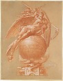 Father Time on a Globe; Design for a Clock, Albert-Ernest Carrier-Belleuse (French, Anizy-le-Château 1824–1887 Sèvres), Red chalk, heightened with white chalk, touches of black chalk