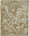 The Abduction of Ganymede, Giorgio Vasari (Italian, Arezzo 1511–1574 Florence), Pen and brown ink, brush and brown wash, highlighted with white, over black chalk on blue paper; squared in black chalk