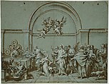 Christ in the House of Martha and Mary (Luke 10:38-42), Paolo Gerolamo Piola (Italian, Genoa 1666–1724 Genoa), Brush and brown wash, highlighted with white, over black chalk, on blue-green paper