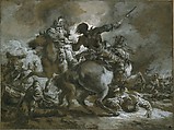 Cavalry Skirmish with a Fallen Drummer at Left, Francesco Casanova (Italian, London 1727–1803 Brühl), Brush and gray and brown wash, heightened with white