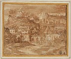 A Classical Landscape with Buildings by a River, Sébastien Bourdon (French, Montpellier 1616–1671 Paris), Brush and brown wash, heightened with white, over red chalk