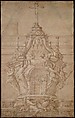 Design for a Tabernacle, Pierre Puget (French, Château Follet 1620–1694 Fougette), Pen and brown ink, brush and brown wash, heightened with white, over graphite; framing lines in pen and brown ink