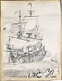 A Frigate at Sea, Pierre Puget (French, Château Follet 1620–1694 Fougette), Pen and black ink, gray wash, brown ink, over black chalk, on vellum.  Mounted on board.