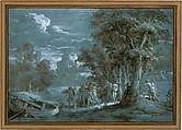 Landscape with a Scene from Fénelon's Télémaque, Jean Jacques Lagrenée  French, Brush and brown wash, white gouache, on blue-washed paper