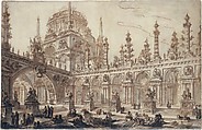 Architectural Fantasy, Charles Michel Ange Challe (French, Paris 1718–1778 Paris), Pen and brown ink, brush and brown, gray and black wash. Creased vertically down the center.