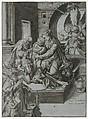The Virgin and Child with the Infant Baptist, Saint Elizabeth, a Kneeling Prelate, and Three Attendant Angels, Francesco Pinna (Italian, Alghero documented 1595–1632), Pen and black ink, brush and gray wash, highlighted with white on blue washed paper