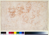 Exercise sheet: heads and torsos of various figures (recto), Ear and two eyes, head of a woman with fantastic headdress, study of a leg, head of a youth, and perspective diagrams (verso), Michelangelo Buonarroti (Italian, Caprese 1475–1564 Rome) and Pupil, Red chalk (recto); red chalk on black chalk (verso)