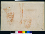 Exercise sheet: heads and torsos of various figures (recto), Ear and two eyes, head of a woman with fantastic headdress, study of a leg, head of a youth, and perspective diagrams (verso), Michelangelo Buonarroti (Italian, Caprese 1475–1564 Rome) and Pupil, Red chalk (recto); red chalk on black chalk (verso)