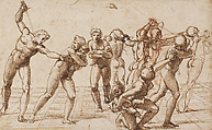 Composition Sketch for the Massacre of the Innocents, Raphael (Raffaello Sanzio or Santi) Italian, Pen and brown ink, corrections in red chalk (figures at right), stylus-ruled construction and compass work, vertical axis line (partly pricked); outlines pricked for transfer of the design (except for the corrected figures), on paper