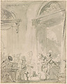 A Boy Carried into a Salon, Jean Honoré Fragonard (French, Grasse 1732–1806 Paris), Black chalk, bush and gray wash, incised; verso: faint sketch in black chalk of figures under a tree