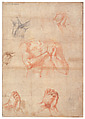 Studies of a Seated Male Nude (Ignudo) for the Sistine Ceiling (recto); Studies of Hands in Prayer (verso), Michelangelo Buonarroti (Italian, Caprese 1475–1564 Rome), Red chalk, brush and white gouache, over traces of stylus (recto); red chalk (verso).