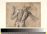 Studies for the Battle of Cascina: Two Standing Nude Male Figures (recto); Nude Male Figure in Half-Length Seen from the Rear (verso), Michelangelo Buonarroti (Italian, Caprese 1475–1564 Rome), Pen and brown ink (recto); black chalk, highlighted with white chalk (verso)