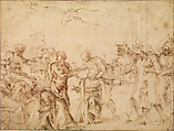 Composition sketch with Saint Lawrence (?) before an Emperor, Michelangelo Buonarroti (Italian, Caprese 1475–1564 Rome), Pen and brown ink, over red chalk