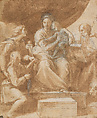 Modello Drawing for the Virgin and Child with Raphael, Tobias, and Saint Jerome (The Madonna del Pesce), Raphael (Raffaello Sanzio or Santi) Italian, Brush and brown wash, highlighted with white gouache (some oxidized), over extensive black-chalk under- and overdrawing, on paper