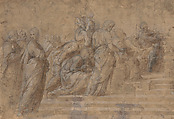Modello Drawing for the Disputa, Stanza della Segnatura (Discarded Idea for the Lower Left Section), Raphael (Raffaello Sanzio or Santi) Italian, Pen and brown ink, brush and brown wash, highlighted with white gouache, over black chalk and metalpoint underdrawing, on paper