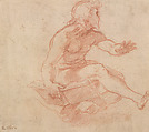 Study for Seated Apostle in the Transfiguration (recto); Sketches for the Plan of Saint Peter's (verso), Raphael (Raffaello Sanzio or Santi) Italian, Red chalk, over preliminary stylus underdrawing and squaring in stylus (recto); red chalk, pen and brown ink (verso)