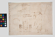 Sketches for the façade of San Lorenzo and elevation of the Julius II tomb, Michelangelo Buonarroti (Italian, Caprese 1475–1564 Rome), Pen and brown ink