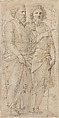 Saints Peter and John the Baptist in a Landscape (Cartoon for a Painting?), Baldassarre Tommaso Peruzzi Italian, Pen and brown ink, brush and light brown wash, over extensive black-chalk underdrawing; stylus-incised outlines of the arch-shaped composition (arch incised with compass); outlines of the figures and silhouetted framing lines pricked for transfer of the design