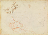 Sketches for God in the Creation of Adam and a lunette (recto); Legs and arms (verso), Michelangelo Buonarroti (Italian, Caprese 1475–1564 Rome), Red chalk, black chalk, pen and dark brown ink, lead point (recto); black chalk (verso)