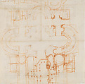 Studies for the Plan of Saint Peter’s Basilica (recto and verso), Donato d'Agnolo Bramante  Italian, Pen and brown ink, brush and brown wash, with ruling in black chalk, pen and brown ink, and direct stylus-incised ruling and compass work (recto); red chalk (verso), on paper