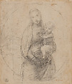 The Virgin and Child in a Landscape within a Circle (Study for the Madonna del Gran Duca), Raphael (Raffaello Sanzio or Santi) Italian, Black chalk, some traces of pen and brown ink(?), over preliminary stylus underdrawing, with compass-incised outlines for the tondo, stylus-indented outlines for the figures, on buff paper (now darkened)