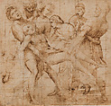 Modello Drawing for the Baglioni Altarpiece (The Entombment), Raphael (Raffaello Sanzio or Santi) Italian, Pen and two hues of brown ink over black-chalk and stylus underdrawing, squared in red chalk and stylus; outlines of the head of the male bearer at extreme left pricked for transfer of the design, on paper