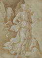 A Woman Standing Before Rocks (The Muse Clio), Giovanni Santi  Italian, Off-green gouache preparation, stylus underdrawing, pen and iron gall ink, iron gall wash, lead white gouache, on paper